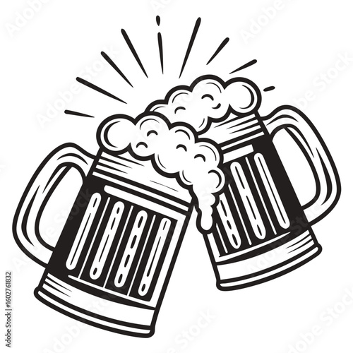 Cheers to Good Times: Two traditional beer mugs clinking together, overflowing with frothy goodness, symbolizing celebration and camaraderie. The monochrome aesthetic enhances the classic feel.