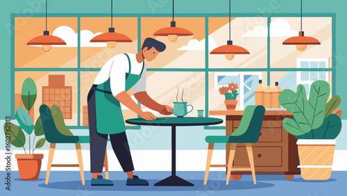 Caf  owner setting up tables in the morning | Barista Cafe Illustration