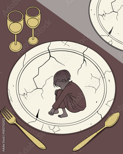 Conceptual illustration of child hunger and food insecurity on a cracked plate with wine glasses and utensils