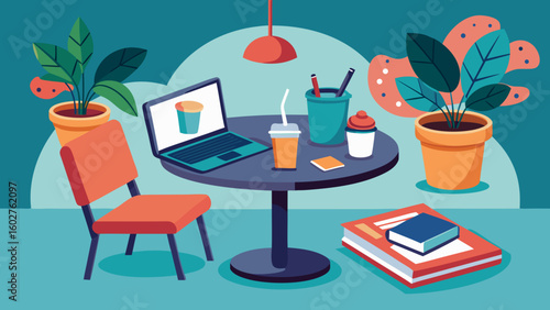 Caf  table with laptop  notebook  and iced coffee | Barista Cafe Illustration