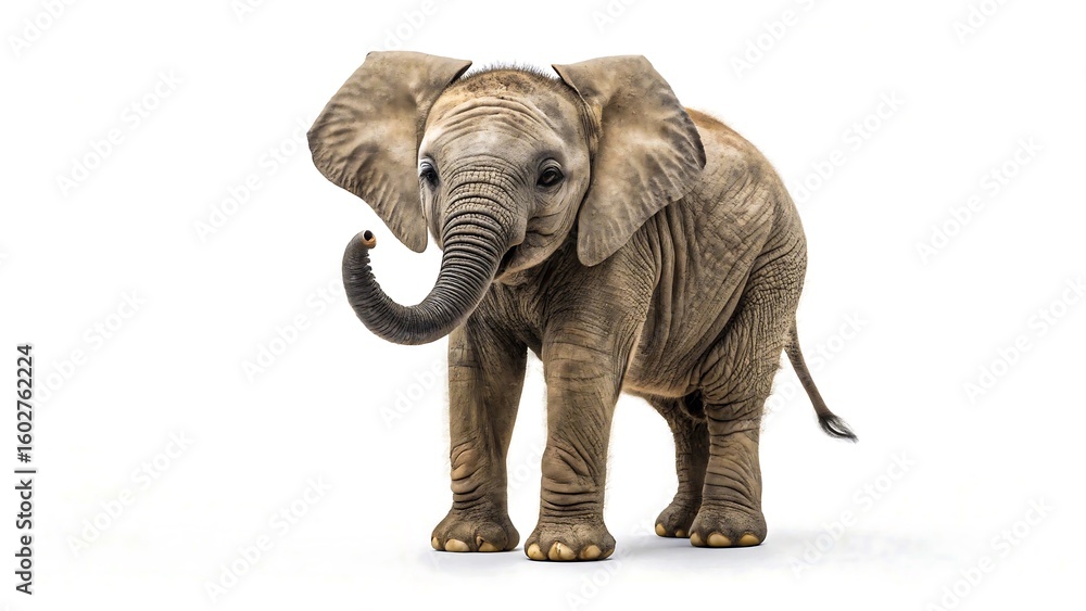Fototapeta premium Adorable baby elephant portrait with playful trunk on white background evokes warm caring feelings