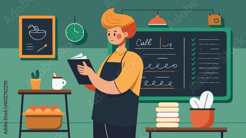 Caf  worker writing on chalkboard menu | Barista Cafe Illustration