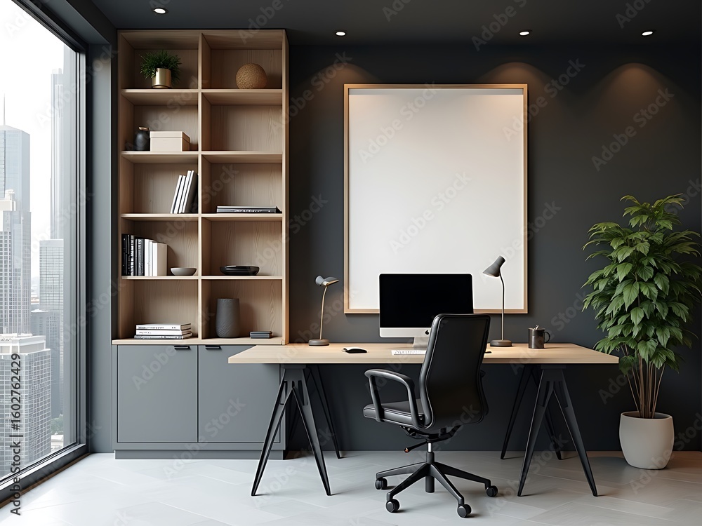 A sleek, modern office interior with minimalist design elements. The workspace features a large desk with a computer monitor, black ergonomic chair, and minimal accessories, all set against a sophisti A sleek, modern office interior with minimalist design elements. The workspace features a large desk with a computer monitor, black ergonomic chair, and minimal accessories, all set against a sophisti