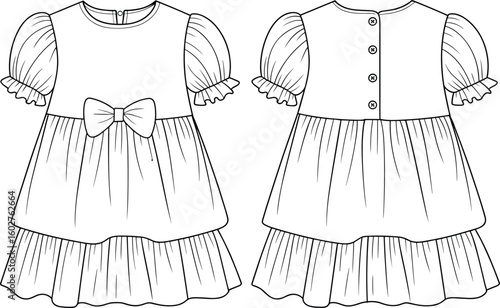 Baby girl ruffle dress flat sketch, puff sleeve dress vector, bow front cad design, tiered hem clothing technical drawing
