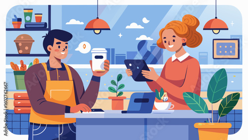 Customer paying at caf  using phone  cashless | Barista Cafe Illustration