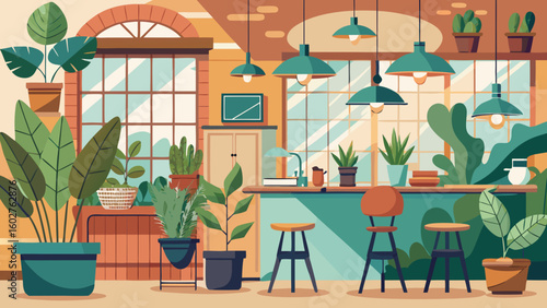 Flat illustration of cozy caf  scene with plants | Barista Cafe Illustration