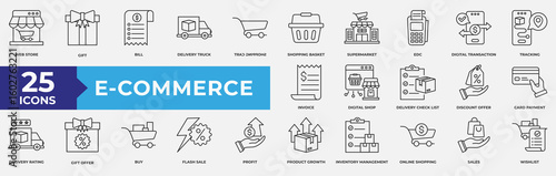 E-commerce icons collection set. Containing shopping cart, sale tag, bag, store, delivery, basket, credit card, market and product icon. Simple line vector illustration.