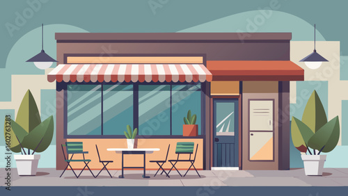 Modern minimalist caf  storefront with outdoor sea | Barista Cafe Illustration