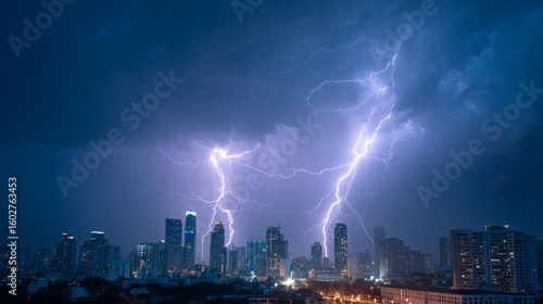 Fototapeta Naklejka Na Ścianę i Meble -  Lightning storm over modern city skyline at night