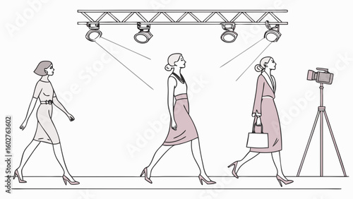 Fashion show runway models walking down the catwalk with camera and lights for fashion week event