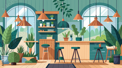 Scandinavian style caf  interior with wood and pla | Barista Cafe Illustration