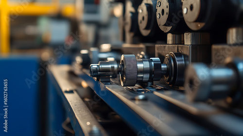 A machine is in a factory with a blue background. The machine is making gears. The gears are being made in a row