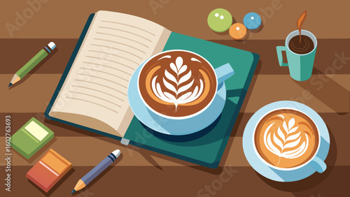 Top view of latte art and open notebook on caf  ta | Barista Cafe Illustration