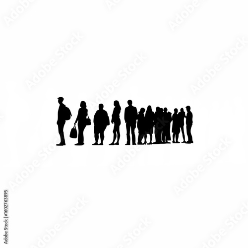 Silhouette of group of commuters standing in a queue on white background