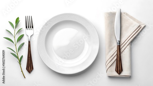 Elegant place setting with white plate, fork, knife, and fresh green branch, minimalist dining.