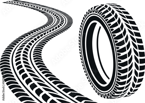 A clean, vector graphic showcasing a tire tread pattern curving along a path, and a tire itself.