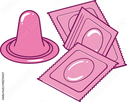 Pink Condoms and Packaging, Health and Safety Illustration
