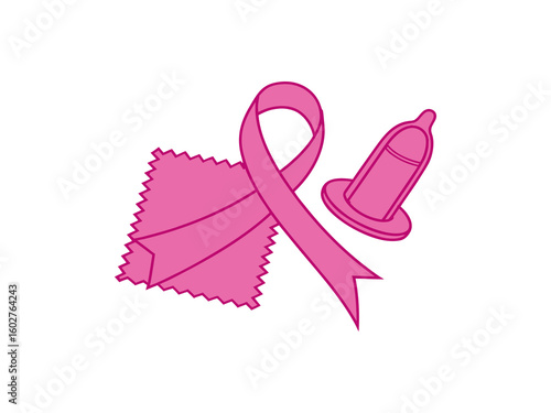 This graphic depicts a pink awareness ribbon intertwined with a barrier method, likely a condom, symbolizing safe sex and potentially breast cancer awareness.