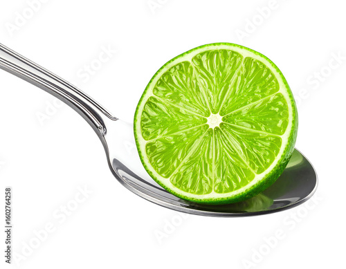 Slice of green lime in spoon isolated on white