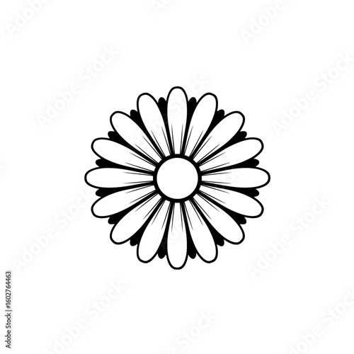 Simple black and white graphic design of a stylized daisy flower.