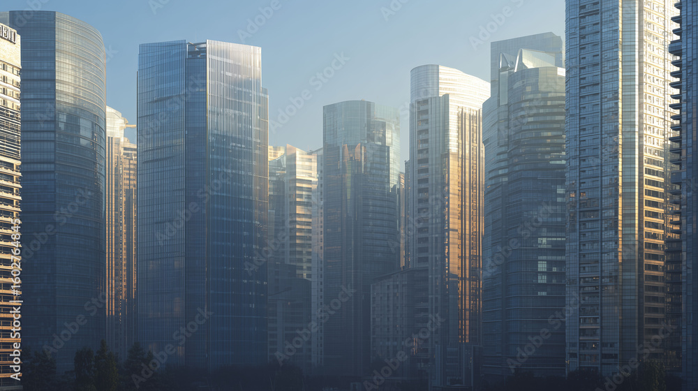 Fototapeta premium Modern city skyline in early morning light, slight haze for depth, clean perspective, sharp architecture detail