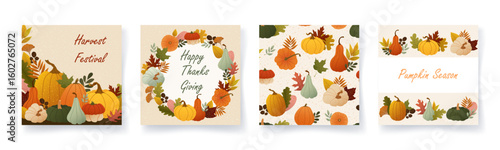 Set of square cozy autumn cards with pumpkins, colorful wreath and seasonal pattern. Warm fall mood and textured hand-drawn elements Trendy vector design for Thanksgiving poster, banner, card or print