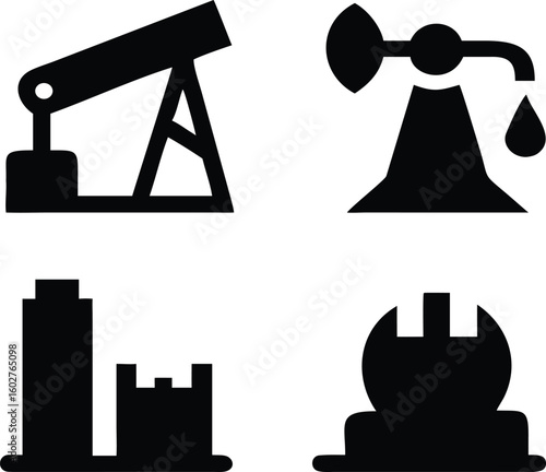 Industrial Icons Set – Oil Rig, Oil Drop, Factory, and Gear Symbol Silhouettes