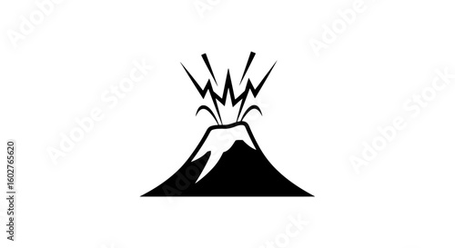 A stylized black and white illustration depicting a volcanic eruption with smoke and lava.