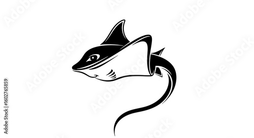 A stylized, black and white illustration of a stingray swimming, featuring a curved tail and detailed eye.