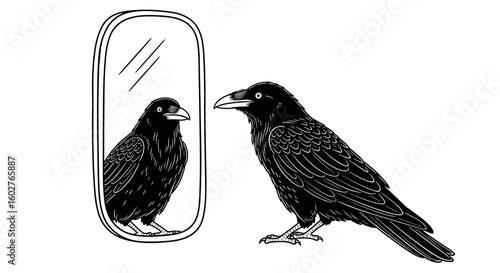 Black raven looking at its reflection in a mirror, reflective mood, minimalist illustration