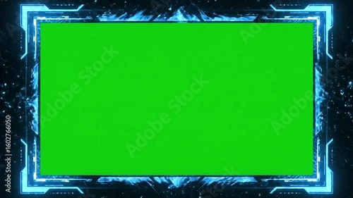 A green screen is surrounded by a digital border featuring a blue glowing frame