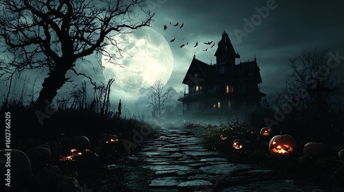 Spooky haunted mansion with glowing pumpkins and bats under a full moon halloween house