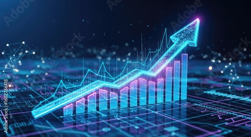 Glowing bar chart with arrow pointing up. Stock market growth and financial prosperity or business success concept. Economic development.