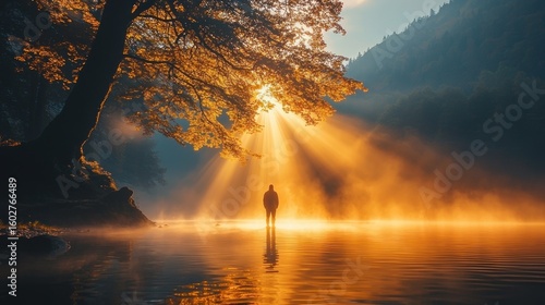 Silhouette in golden light by water's edge