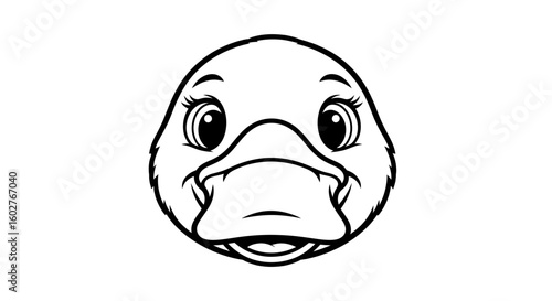 A cartoon duck face illustration in black and white, featuring large eyes and a smiling expression.