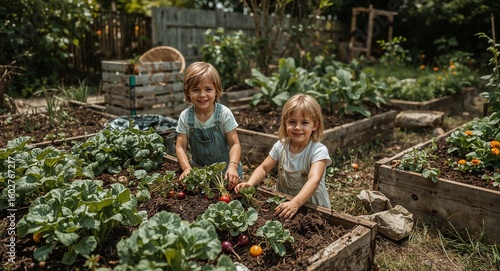 Wallpaper Mural Two children tending to a raised garden bed filled with plants and vegetables in a backyard setting Torontodigital.ca