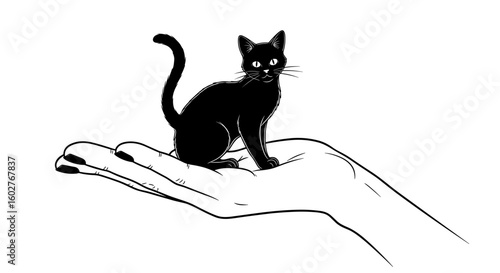 Black cat sitting on a hand, whimsical style, minimalistic, copy space