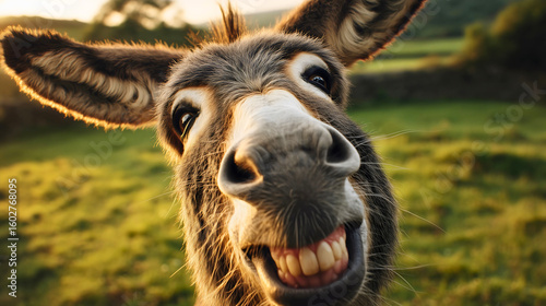 A beautiful picture of a smiling donkey with a happy facial expression, cute and joyful animals.
