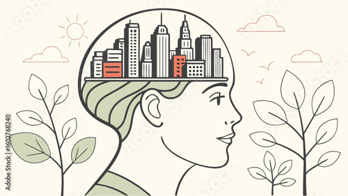 Metropolis Mind: Side Profile of Human Head with Futuristic Cityscape Growing from Brain—Vector Illustration

