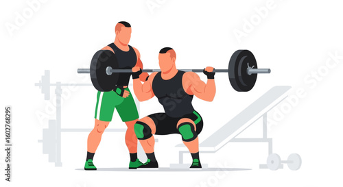 A muscular man squats with a barbell, assisted by a trainer in a gym setting.