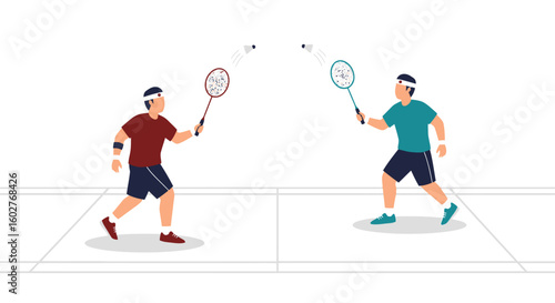 Two badminton players in action, engaged in a competitive game on a court.