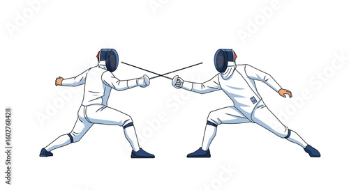 Two fencers in white uniforms engaged in a competitive fencing match, swords crossed in a dynamic stance.