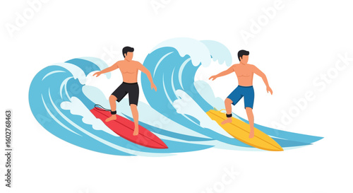 Two surfers riding waves on colorful surfboards, a vibrant illustration of ocean activity.