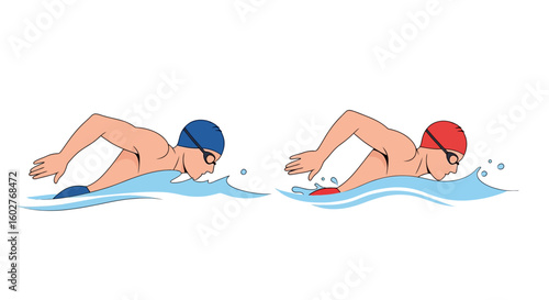 Two swimmers in freestyle stroke, demonstrating the technique, with water ripples.