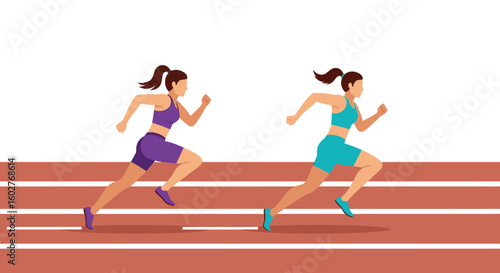 Two female athletes sprinting on a track during a competitive race, striving for victory.