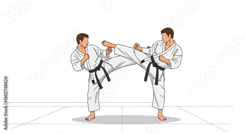 Two karate practitioners executing a high kick during a martial arts sparring session.