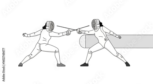 Two fencers in protective gear engage in a duel, swords crossed, in a competitive fencing match.