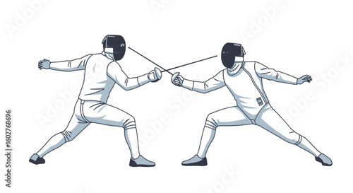Two fencers in protective gear face each other, swords extended in a competitive duel.