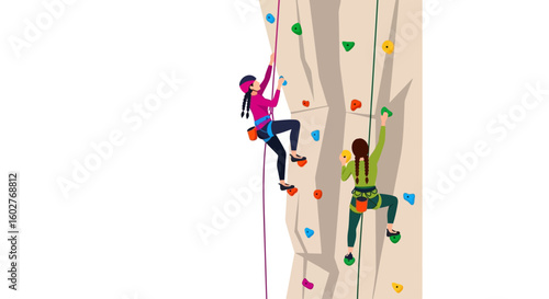 Two women are rock climbing on a colorful indoor climbing wall, reaching for holds.