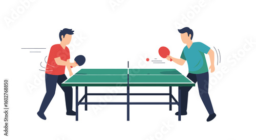 Two people playing table tennis, one hitting the ball with a paddle over the net.